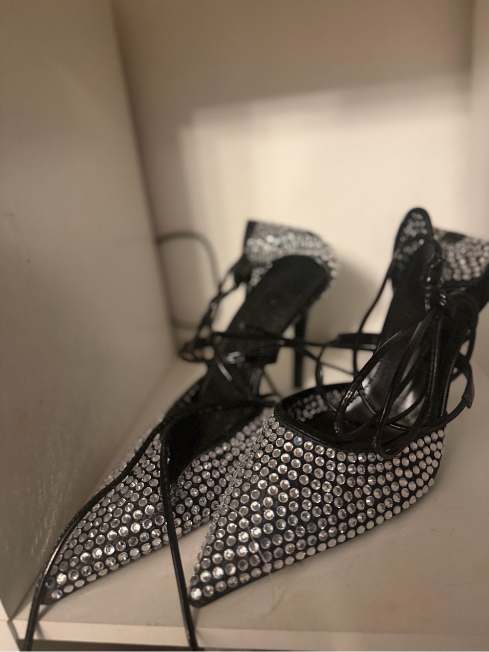 Rhinestone-Embellished Black Pointed-Toe Lace-Up Heels